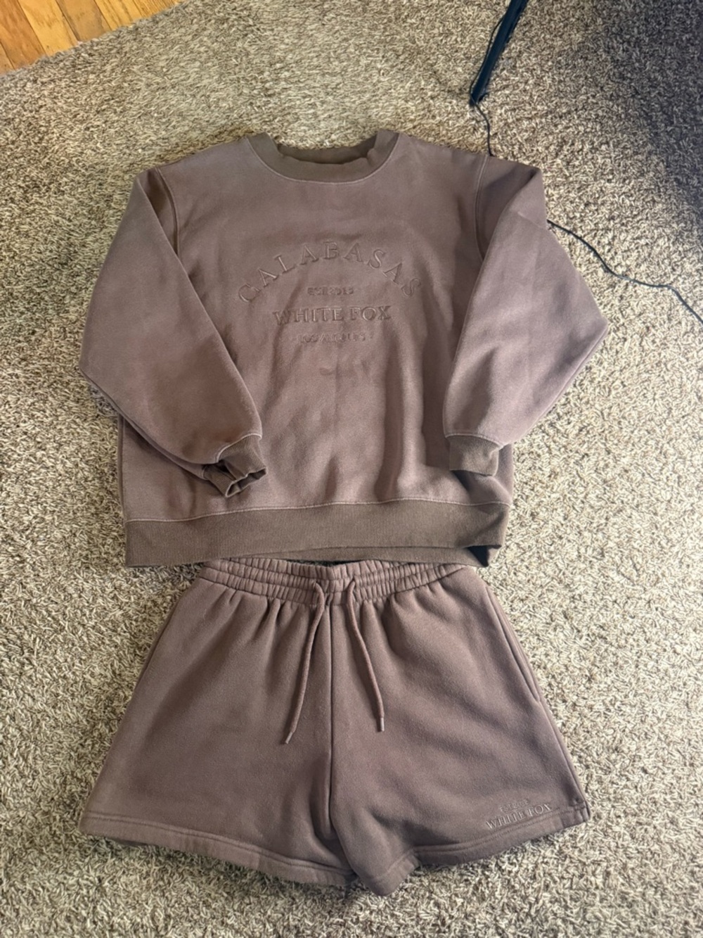 White Fox Boutique super soft Brown Calabasas crew Sweatshirt and Shorts Set